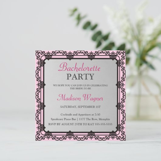Elegant Black Border Bachelorette Party Invitation Kaart (Staand voorkant)