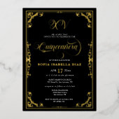 Elegant Black Border Quinceañera Gold of Silver Folie Uitnodiging (Voorkant)