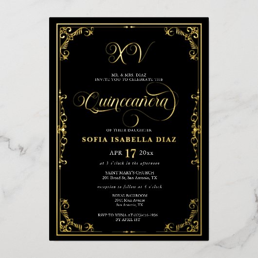 Elegant Black Border Quinceañera Gold of Silver Folie Uitnodiging (Voorkant)