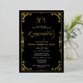 Elegant Black Border Quinceañera Gold of Silver Folie Uitnodiging (Staand Voorkant)