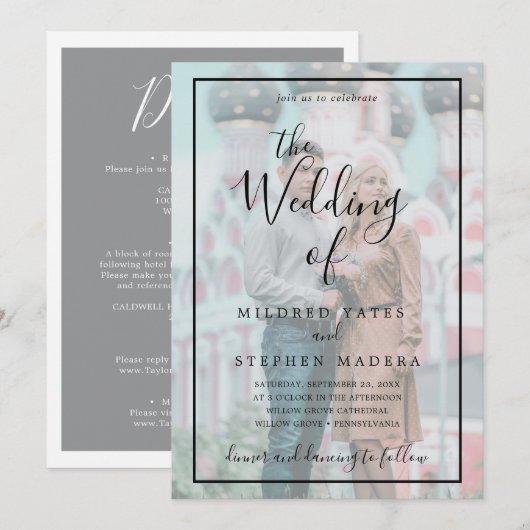 Elegant Black Border Vellum Effect Photo Wedding Kaart (Voorkant / Achterkant)