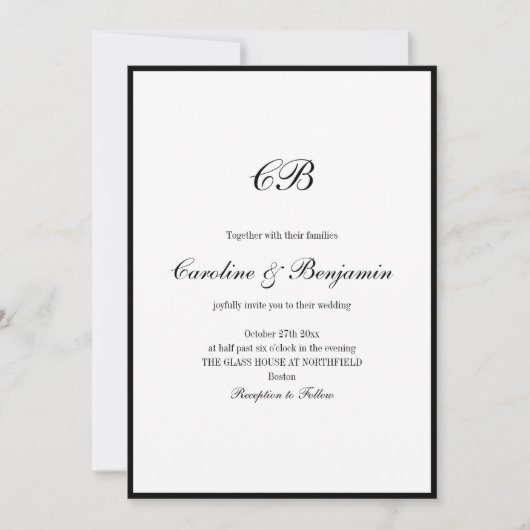 Elegant Black Border White Script Monogram Wedding Kaart (Voorkant)
