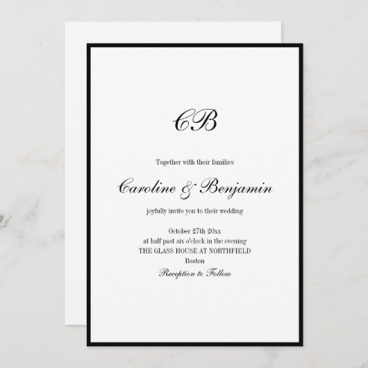 Elegant Black Border White Script Monogram Wedding Kaart (Voorkant / Achterkant)