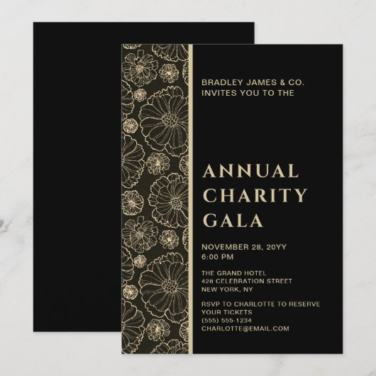 Elegant Black Botanical Charity Event Gala Party Kaart (Voorkant / Achterkant)