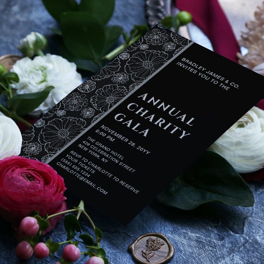Elegant Black Botanical Charity Event Gala Party Kaart