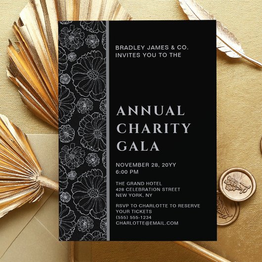 Elegant Black Botanical Charity Event Gala Party Kaart