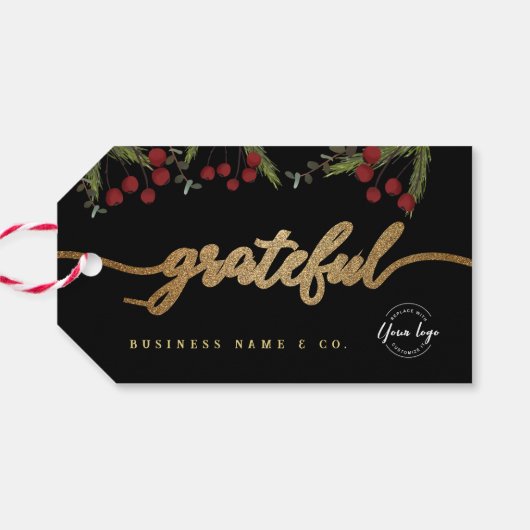 Elegant Black Botanical “Grateful” Holiday Custom  Cadeaulabel (Achterkant Horizontaal)