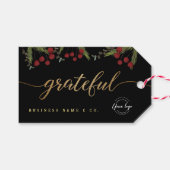 Elegant Black Botanical “Grateful” Holiday Custom Cadeaulabel (Voorkant (Horizontaal))