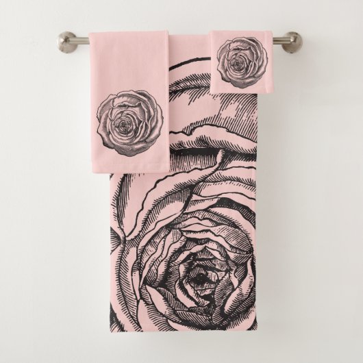 Elegant Black Botanical Roos op Blush Baby Roze Bad Handdoek (Insitu)