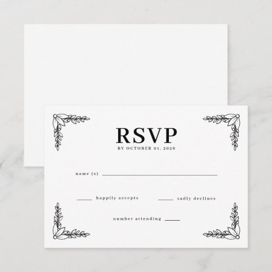 Elegant Black Botanical RSVP Kaartje (Voorkant / Achterkant)