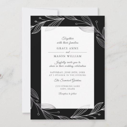 Elegant Black Botanical Silver Leaves Wedding Kaart (Voorkant)