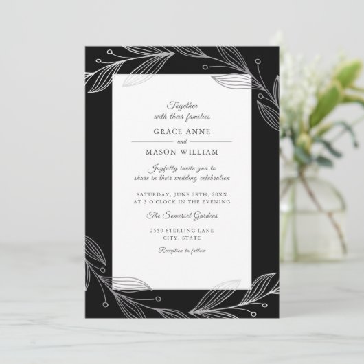 Elegant Black Botanical Silver Leaves Wedding Kaart (Staand voorkant)