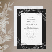 Elegant Black Botanical Silver Leaves Wedding Kaart