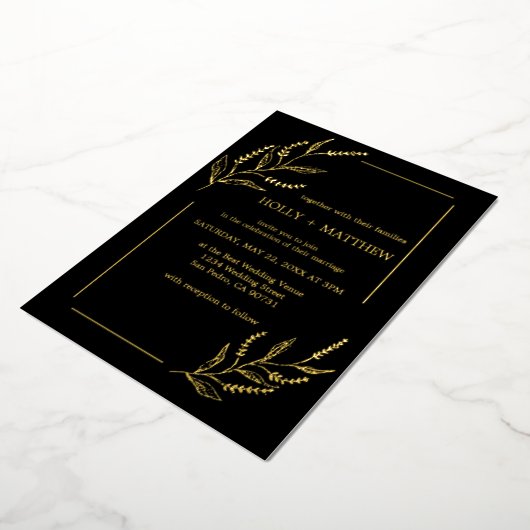 Elegant Black Botanical Wedding Real Gold Folie Uitnodiging (Gedraaid)