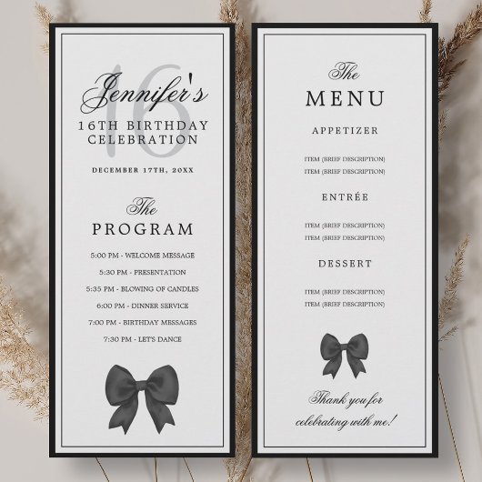 Elegant Black Bow 16th Birthday Program Menu  Kaart