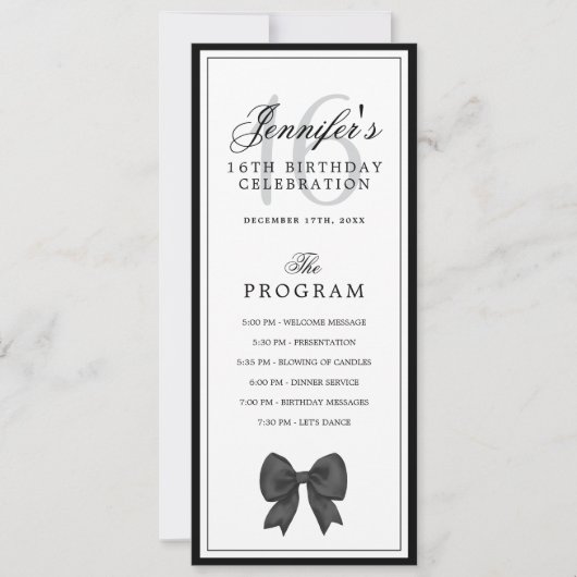 Elegant Black Bow 16th Birthday Program Menu  Kaart (Voorkant)