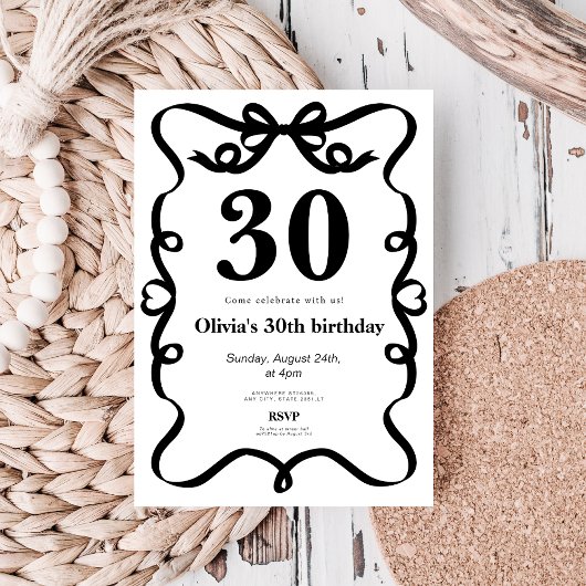 Elegant black bow 30th birthday invitation kaart