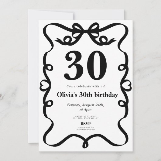 Elegant black bow 30th birthday invitation kaart (Voorkant)