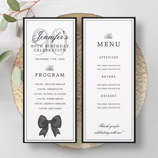 Elegant Black Bow 90th Birthday Program + Menu  Kaart