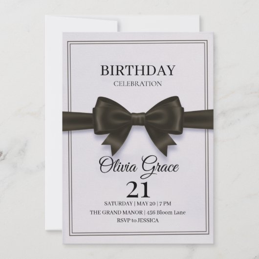 Elegant Black Bow Birthday Invitation Kaart (Voorkant)