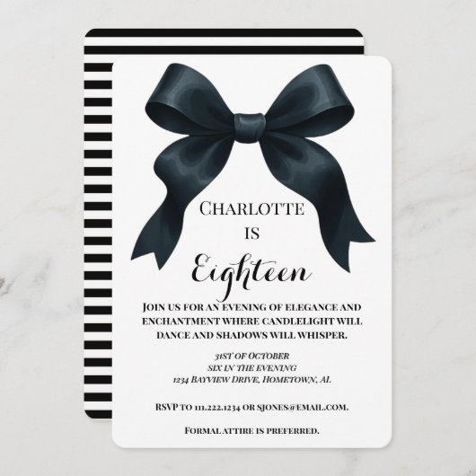 Elegant Black Bow Birthday Invite - Black Stripe Kaart (Voorkant / Achterkant)