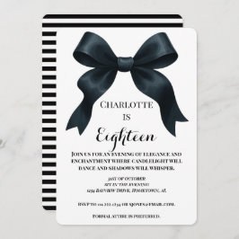 Elegant Black Bow Birthday Invite - Black Stripe Kaart