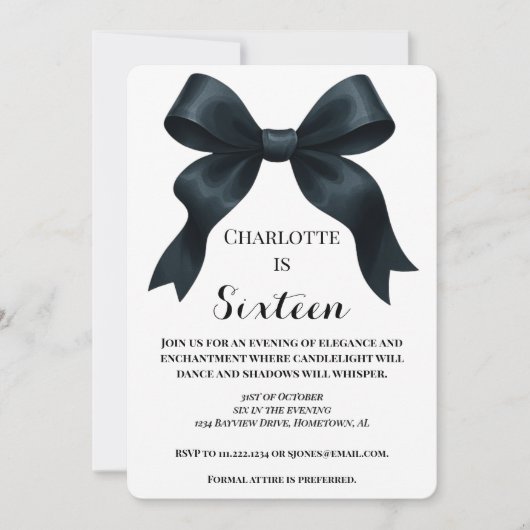 Elegant Black Bow Birthday Invite - Pink Stripe Kaart (Voorkant)