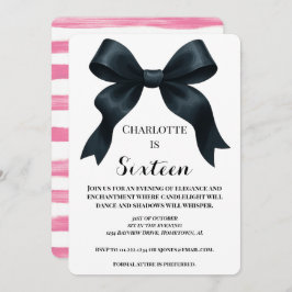 Elegant Black Bow Birthday Invite - Pink Stripe Kaart