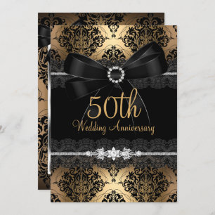 Elegant Black Bow & Damask Gold 50e Jubileum 2 Kaart
