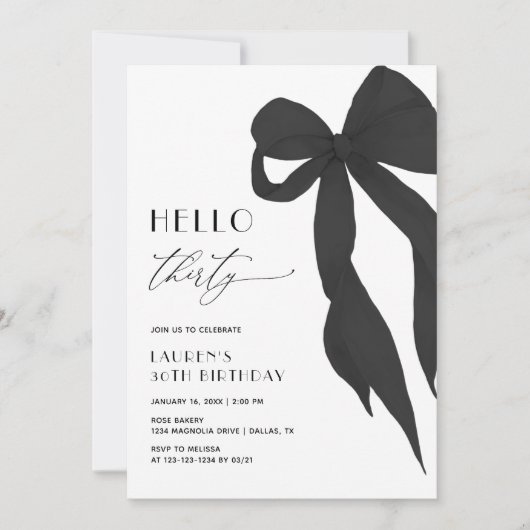 Elegant Black Bow Hello Thirty 30th Birthday Kaart (Voorkant)