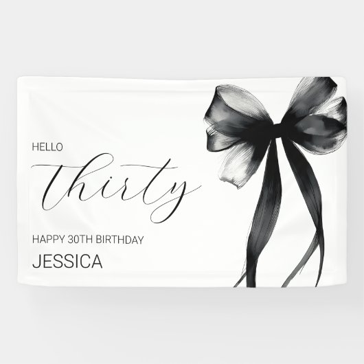 Elegant Black Bow Hello Thirty 30th Birthday Party Spandoek (Horizontaal)
