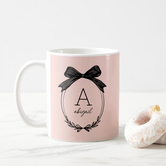 Elegant Black Bow Initial Chic Blush Pink Monogram Koffiemok (Met donut)