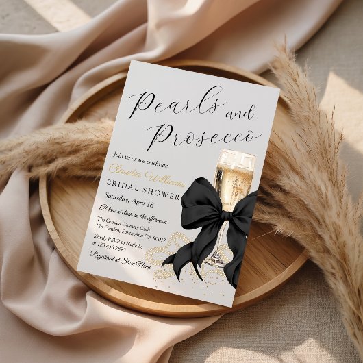 Elegant Black Bow Pearls Bridal Shower Invitation Kaart