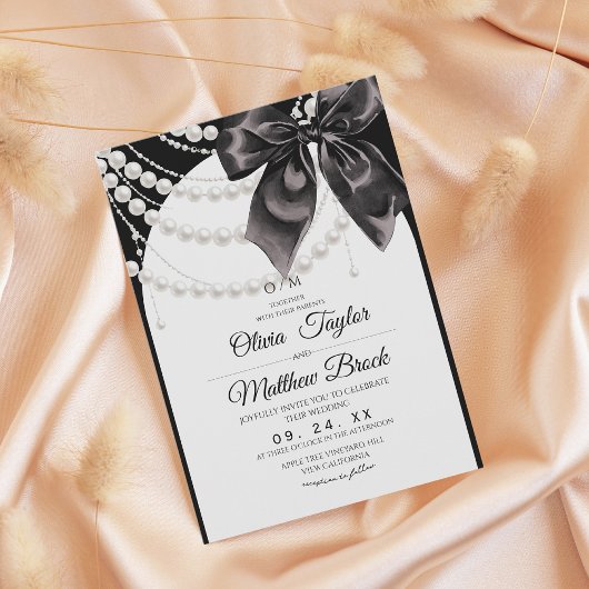 Elegant Black Bow Pearls Wedding Kaart