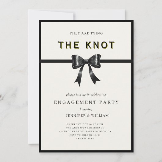 Elegant Black Bow Tying the knot Engagement Party Kaart (Voorkant)