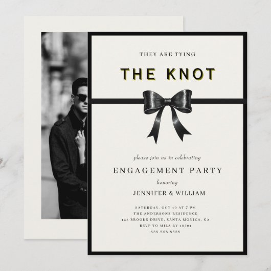 Elegant Black Bow Tying the knot Engagement Party Kaart (Voorkant / Achterkant)