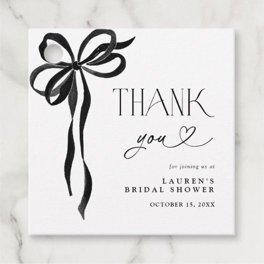 Elegant Black Bow Vrijgezellenfeest Script Dank u Bedankjes Labels (Voorkant)