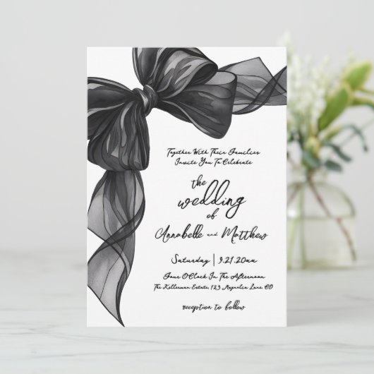 Elegant Black Bow Whimsical Wedding Kaart (Staand voorkant)