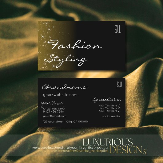 Elegant Black Brown Glitter Stars met monogram Visitekaartje