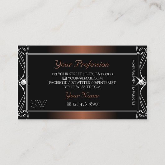 Elegant Black Brown  Sparkle Jewels Monogram Visitekaartje (Achterkant)