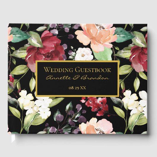 Elegant Black Burgundy Blush White Floral Pattern Gastenboek (Voorkant)