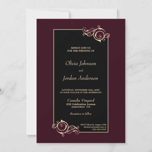 Elegant Black Burgundy Gold Wedding Kaart (Voorkant)