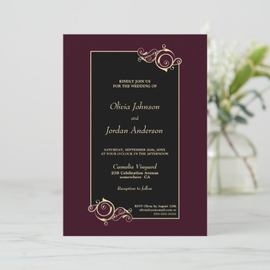 Elegant Black Burgundy Gold Wedding Kaart (Staand voorkant)