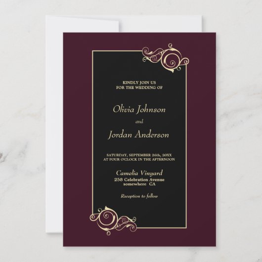 Elegant Black Burgundy Gold Wedding Kaart (Voorkant)