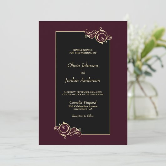 Elegant Black Burgundy Gold Wedding Kaart (Staand voorkant)
