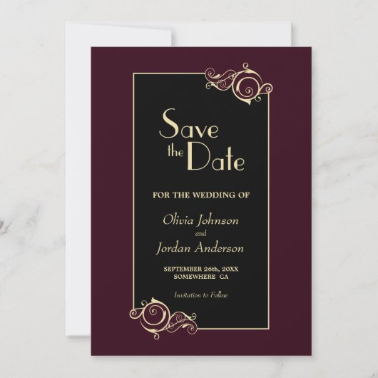 Elegant Black Burgundy Gold Wedding Save The Date (Voorkant)