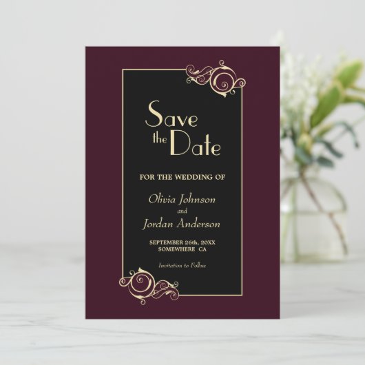Elegant Black Burgundy Gold Wedding Save The Date (Staand voorkant)