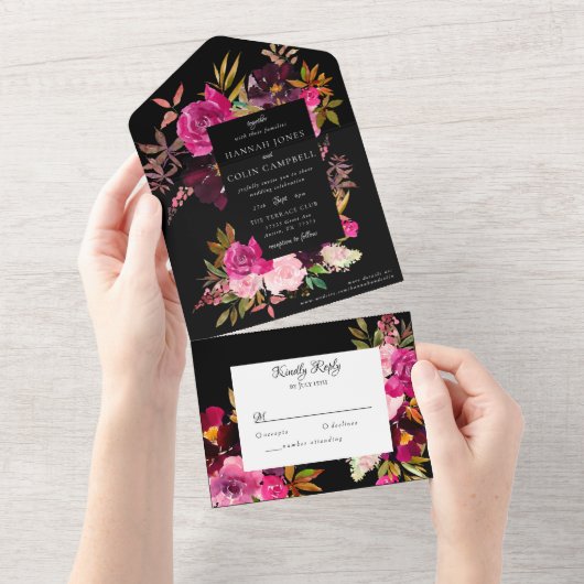 Elegant Black Burgundy Pink Floral Lijst All In One Uitnodiging (Afscheurbaar)
