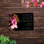 Elegant Black Burgundy Pink Floral Lijst Informatiekaartje<br><div class="desc">Elementen: Trillende florale regelingen rond een zwart lijst. Elegant serif doopvonten met bloei van manuscript. Kleuren: zwart,  Bourgogne,  wazig,  roze,  pruimen,  veenbessen,  groen,  oranje. Thema's: elegant,  boho,  bothanisch,  bohemiaans,  romantisch,  donker,  humeurig,  lush,  tuin,  winter,  herfst,  romantisch. Collectie: Elegant Black Burgundy Pink Floral Lijst Wedding Collectie. Producttype: Kaart behuizing</div>