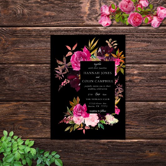 Elegant Black Burgundy Pink Floral Lijst Kaart
